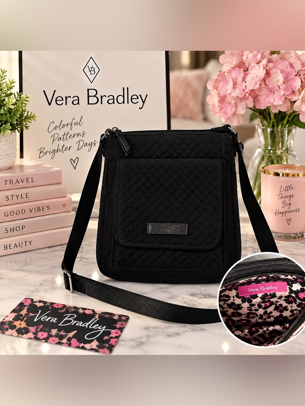 Vera Bradley Black Quilted Crossbody Bag Pink Floral Leopard Lining EUC